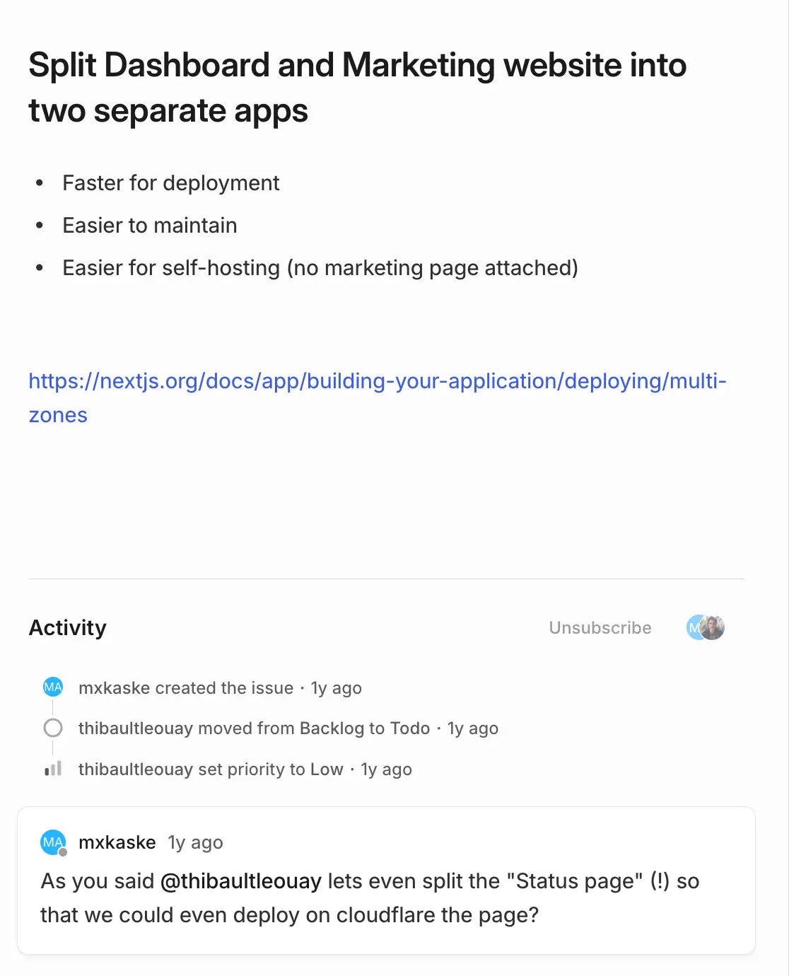 Linear issue created more than a year ago, splitting the apps into multiple apps