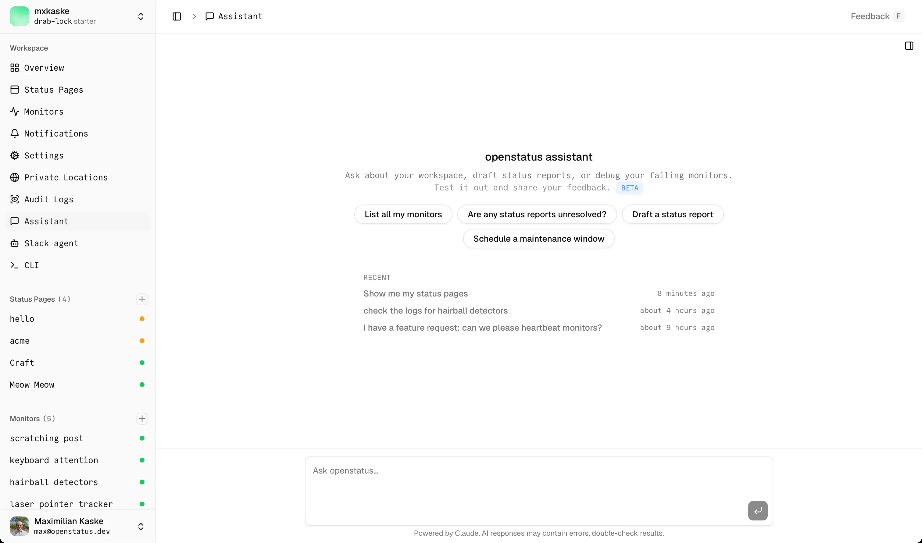 openstatus assistant at /chat showing a conversation with tool calls