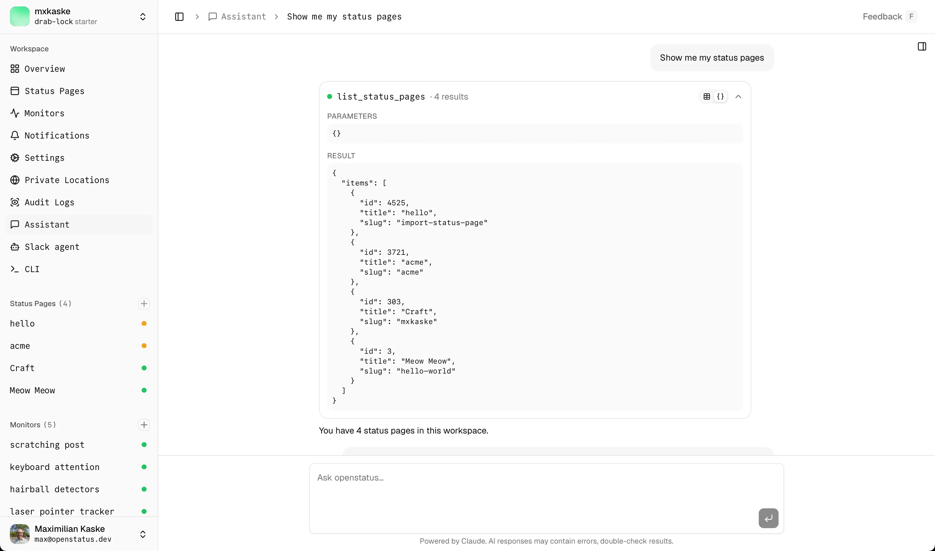 Same list_monitors card in Raw view, showing JSON Parameters and Result blocks